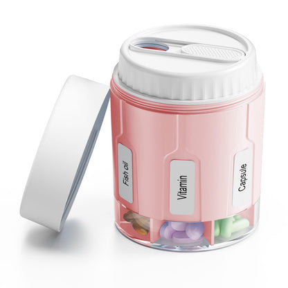 Daviky Pill Bottle Organizer Supplement Organizer with 7 Large Compartments Travel Pill Dispenser Round Pill Box with Two Lids（Pink+White）